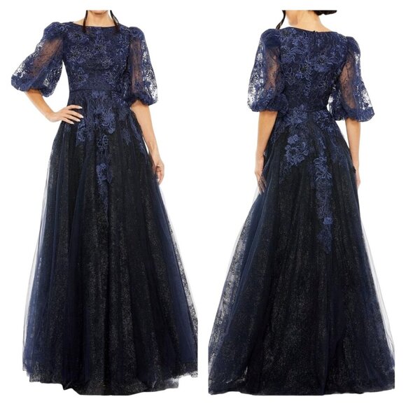 Mac Duggal 20506 Navy Embroidered Mesh A-Line Gown NWT Size 12 - Picture 1 of 9